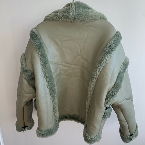 NASTY GAL Faux Fur Lined Faux Leather Aviator Jacket - Sage Green - Picture 8 of 9